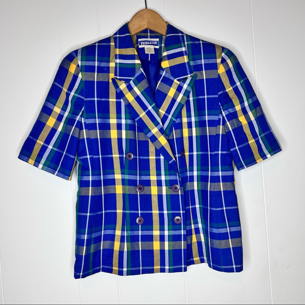 Pendleton Vintage Blue Plaid Short Sleeves Blazer Women’s Sz 6 Rayon